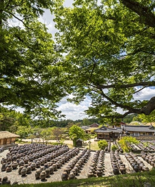 A high angle shot of a landscape in Hahoe Folk Village in South Korea
