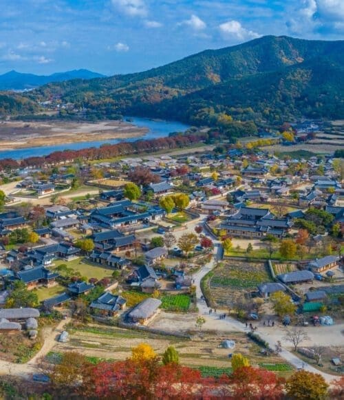 Aerial view of Hahoe Folk Village in Republic of Korea