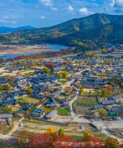 Aerial view of Hahoe Folk Village in Republic of Korea