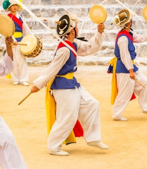 Seoul, South Korea - June 12, 2017: Sangmo dancers dancing in a Korean folk village in Korea.